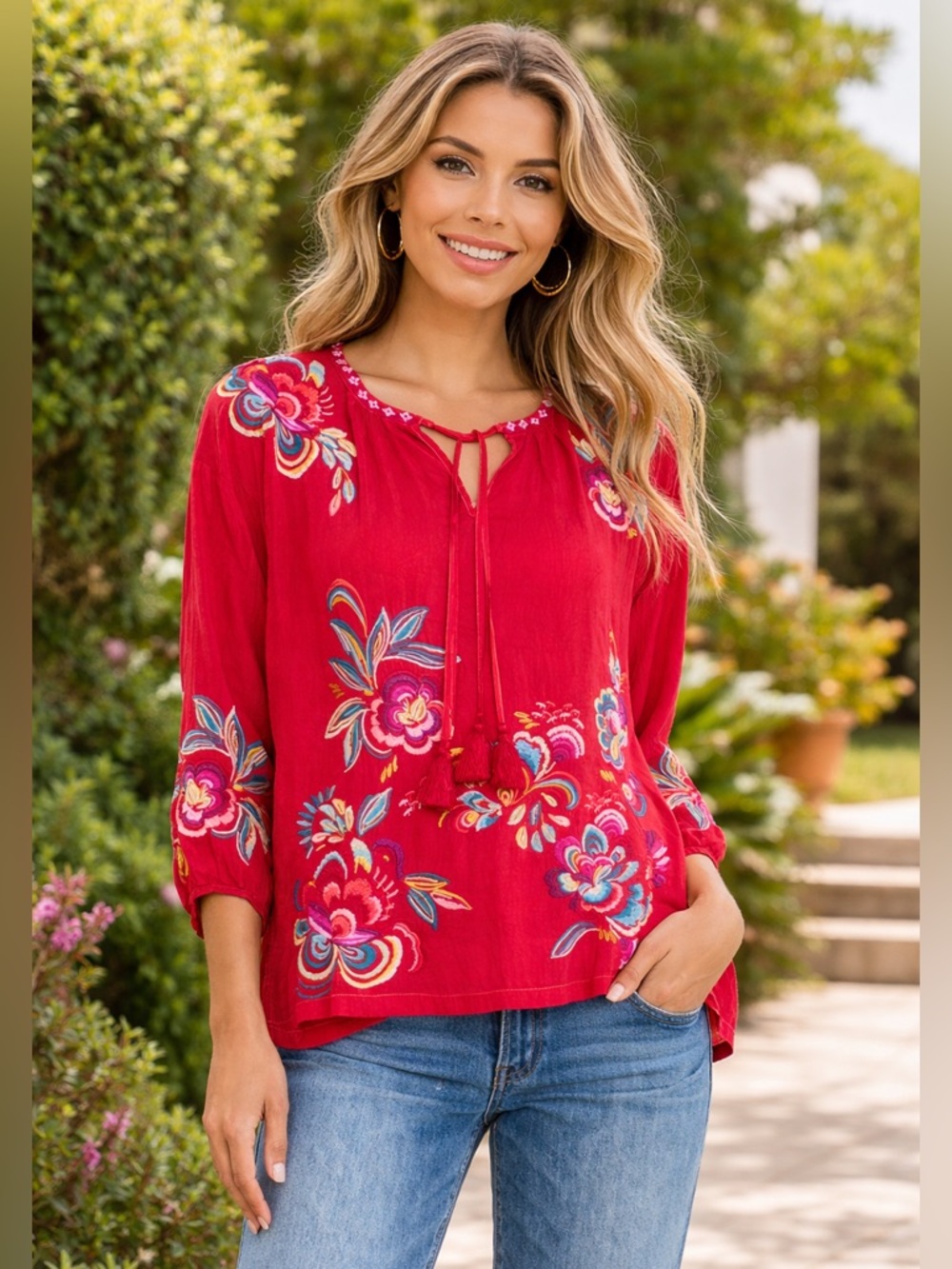 New Johnny Was Zadonia Floral Tassel Tie Blouse
